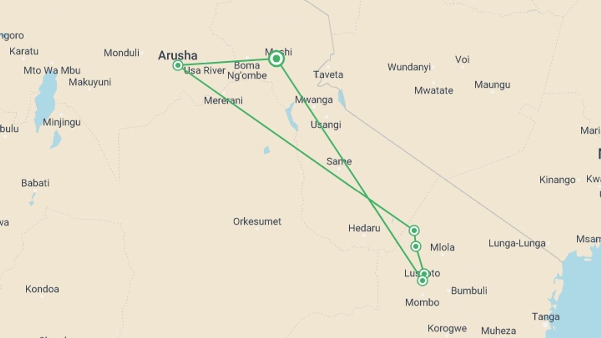 A map showing the tour itinerary for the trip: 5 Days Mount Usambara Trekking, starting in Moshi, Tanzania and ending in Moshi, Tanzania going through 6 other destinations.