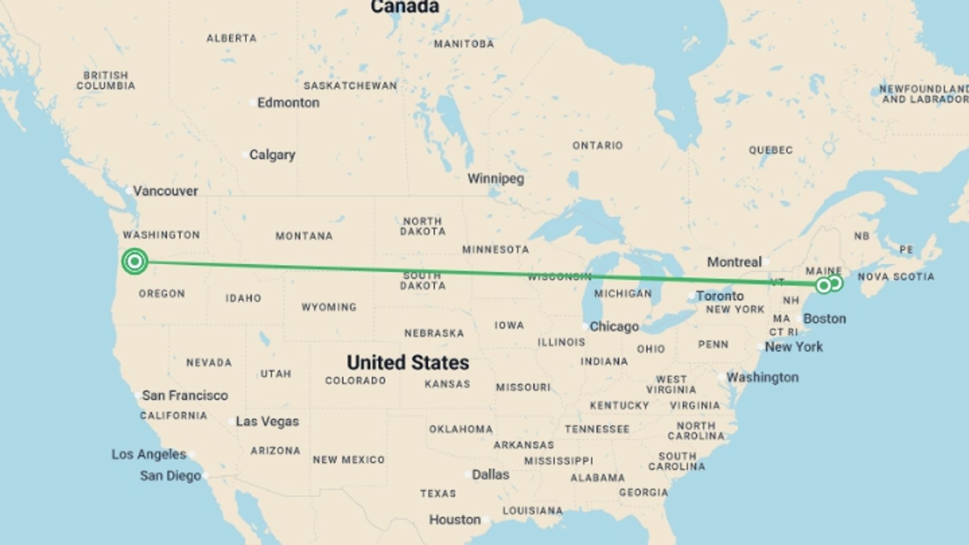 A map showing the tour itinerary for the trip: Cycling Maine's Coast & National Park, starting in Portland, OR, USA and ending in Portland, OR, USA going through 2 other destinations.