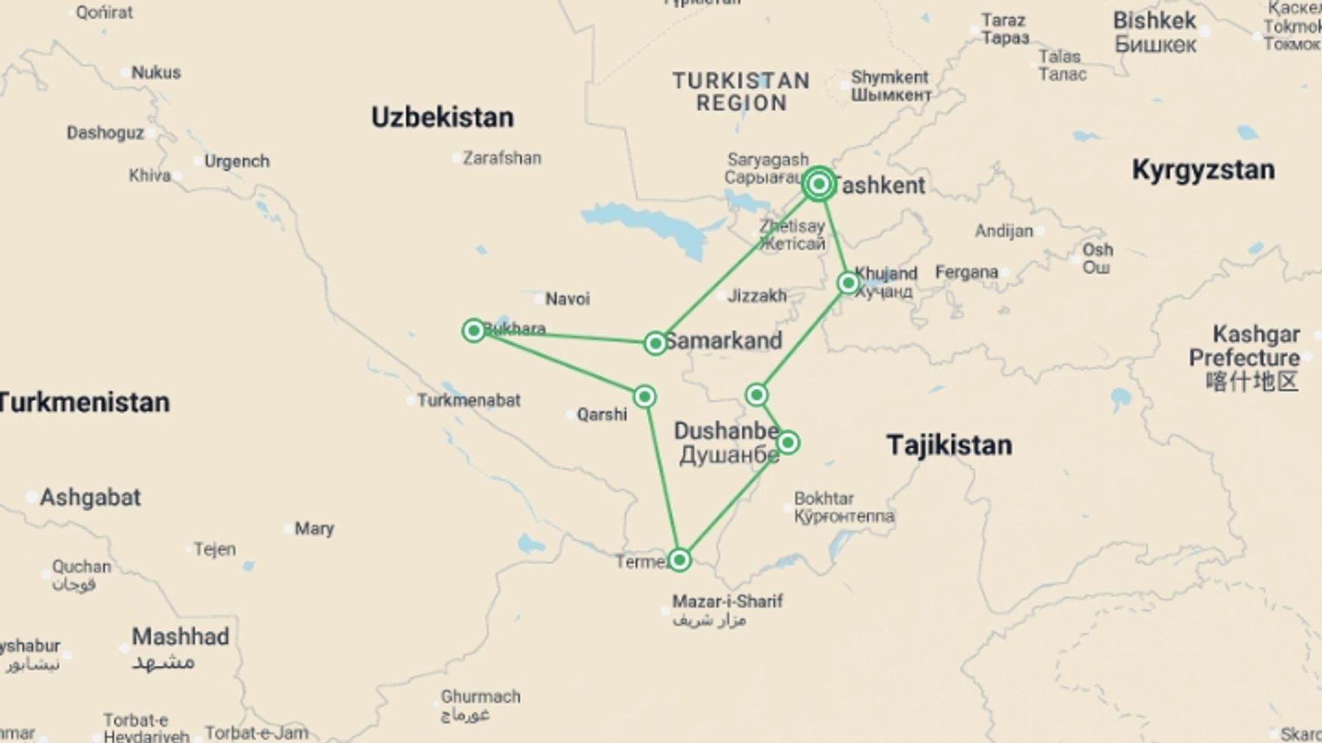 A map showing the tour itinerary for the trip: In the Footsteps of Alexander the Great, starting in Tashkent, Uzbekistan and ending in Tashkent, Uzbekistan going through 7 other destinations.