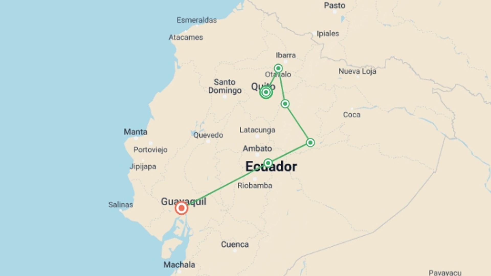 A map showing the tour itinerary for the trip: Picturesque Solo Ecuador Tour, starting in Quito, Ecuador and ending in Guayaquil, Ecuador going through 5 other destinations.