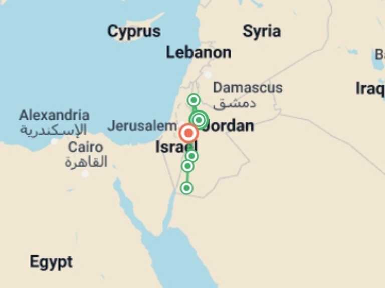 Map itinerary of Jordan Tour in May 2026 with 6 destination visits for the trip: Ultimate Active Jordan