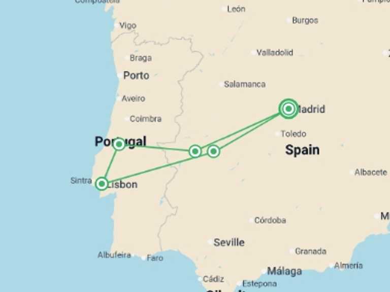 Map itinerary of Portugal Tour in February 2026 with 3 destination visits for the trip: Madrid to Lisbon Express - 4 days