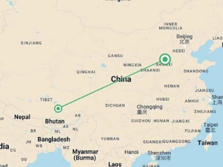 Map of China Tour with 2 destination visits for the trip: Lhasa Cultural Experience, Private Tour