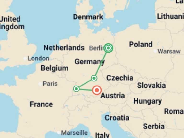 Map itinerary of Europe Tour in July 2026 with 4 destination visits for the trip: Highlights of Germany
