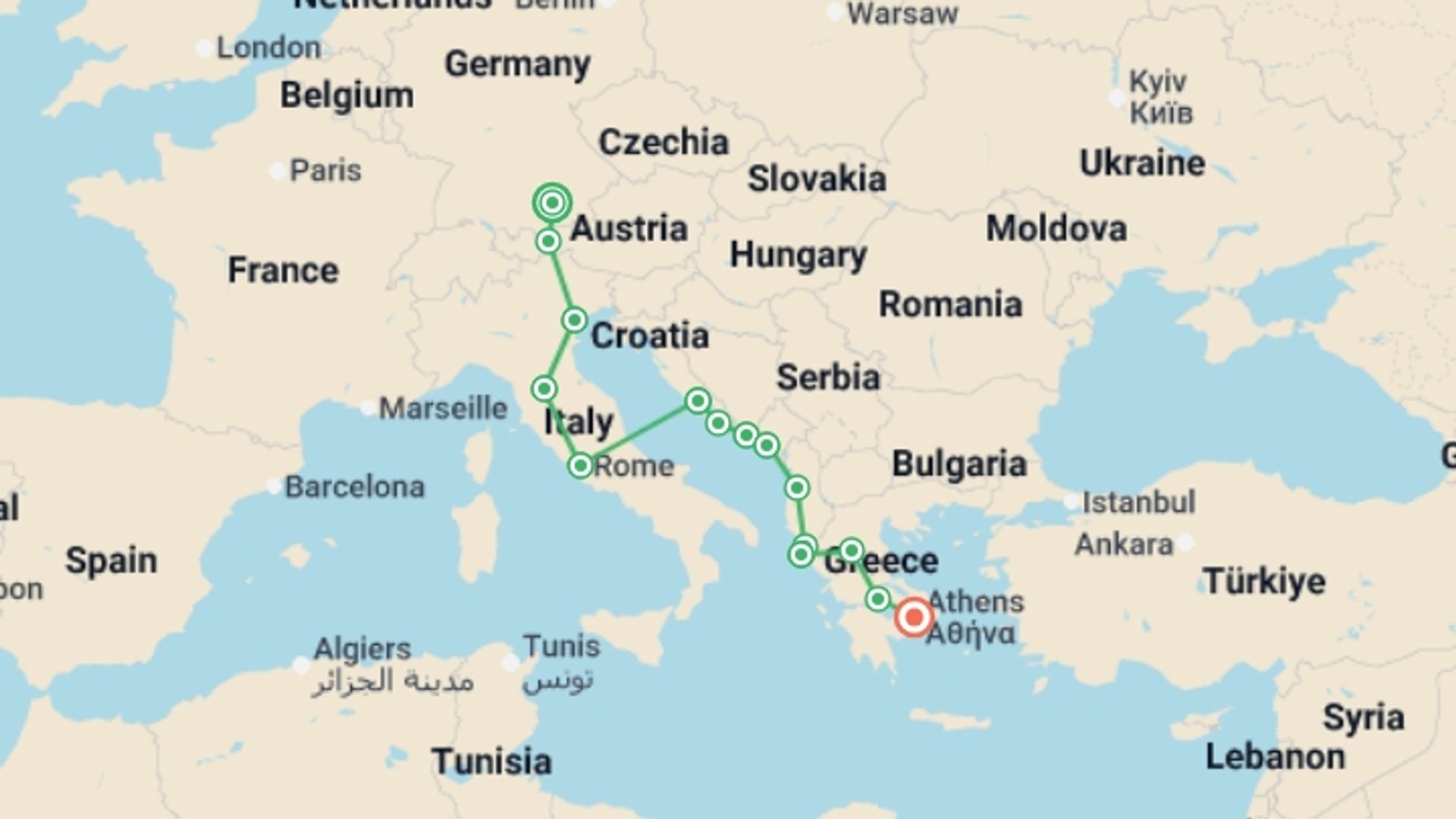 A map showing the tour itinerary for the trip: Total Europe: Austria, the Mediterranean & Ancient Athens, starting in Munich, Germany and ending in Athens, Greece going through 13 other destinations.