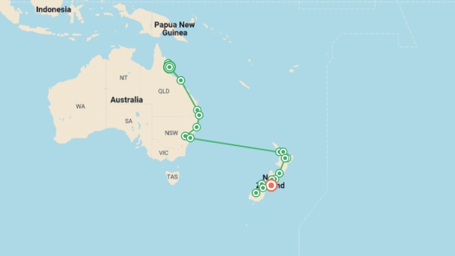 A map showing the tour itinerary for the trip: Highlights of Australia and New Zealand, starting in Cairns, Australia and ending in Christchurch, New Zealand going through 15 other destinations.