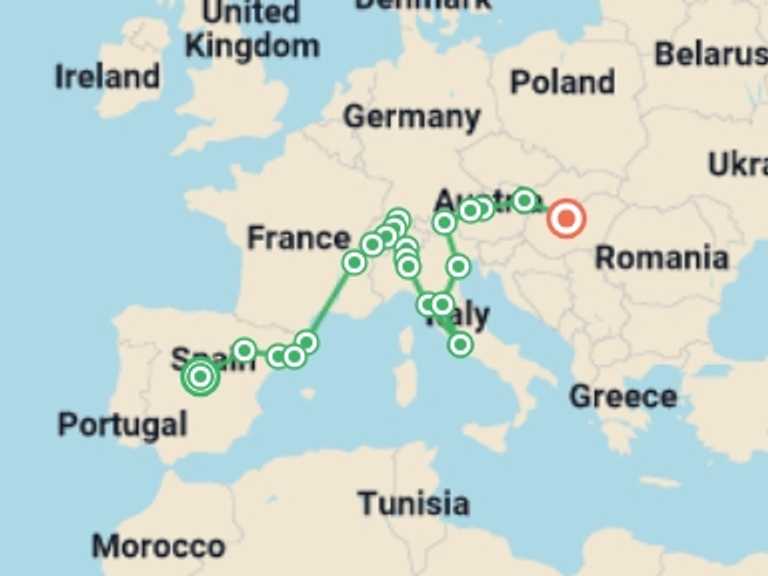 Map of Europe Tour with 13 destination visits for the trip: Best European Panorama