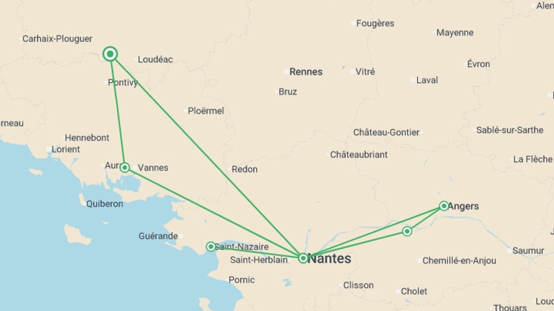 A map showing the tour itinerary for the trip: Beautiful Brittany and Royal Opulence in the Loire (port-to-port cruise), starting in Brittany, France and ending in Brittany, France going through 3 other destinations.