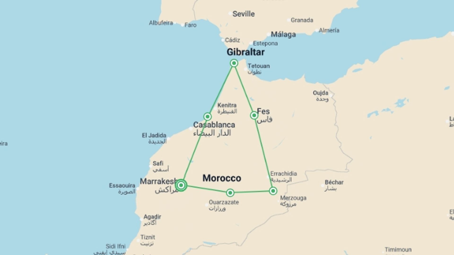 A map showing the tour itinerary for the trip: Fable of Morocco, starting in Marrakech, Morocco and ending in Marrakech, Morocco going through 5 other destinations.