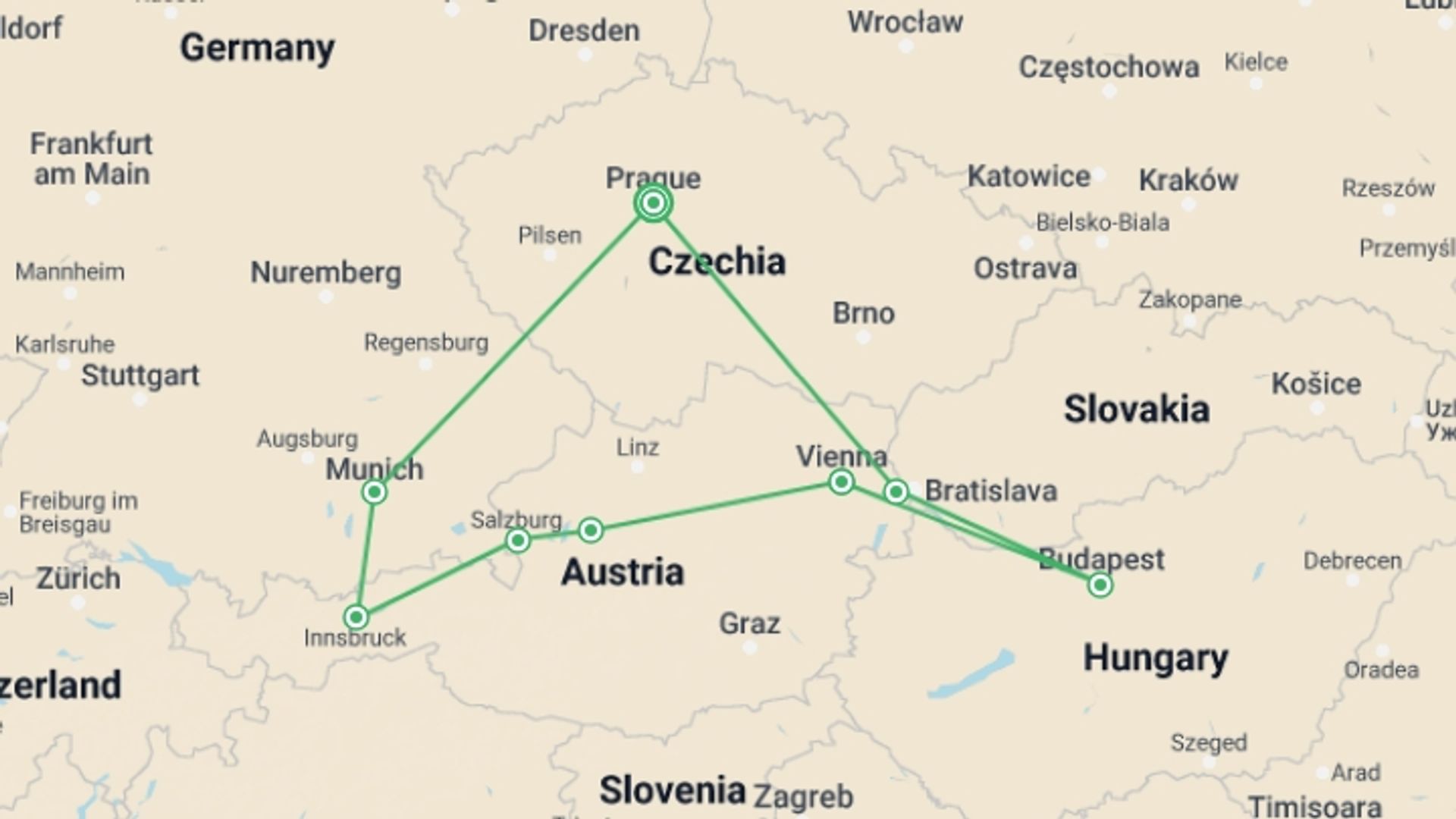 A map showing the tour itinerary for the trip: Central European Ring ROT, starting in Prague, Czech Republic and ending in Prague, Czech Republic going through 2 other destinations.