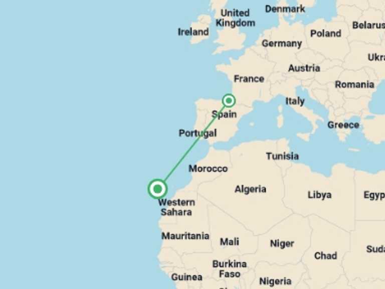 Map itinerary of Europe Tour in October 2026 with 2 destination visits for the trip: San Sebastian Surf Camp Experience 4D/3N