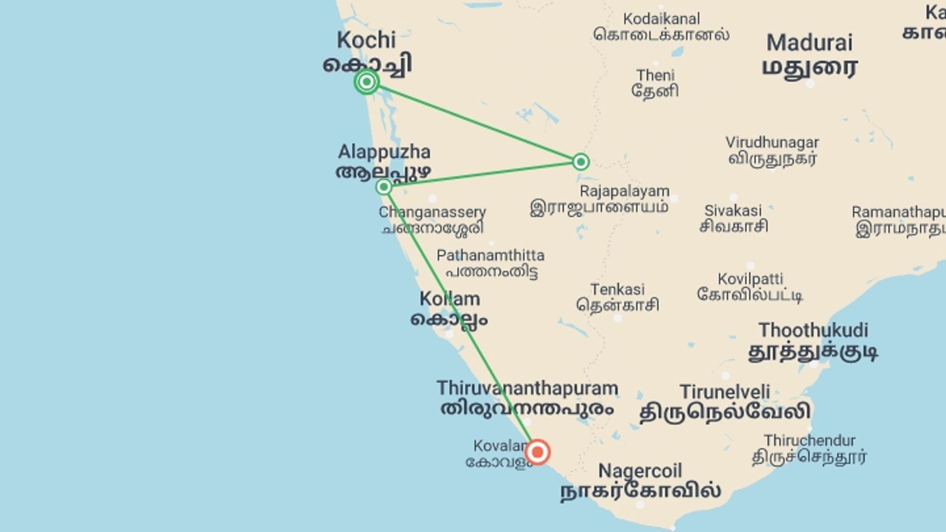 A map showing the tour itinerary for the trip: Highlights of Kerala, starting in Kerala & Tamil Nadu, India and ending in Kovalam, India going through 3 other destinations.