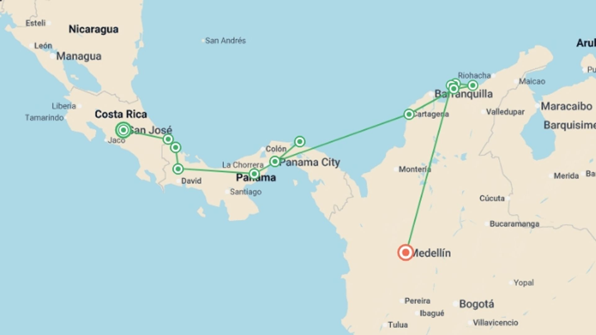 A map showing the tour itinerary for the trip: Central and South American Adventure: From Costa Rica to Colombia, starting in San Jose, Costa Rica and ending in Medellin, Colombia going through 11 other destinations.