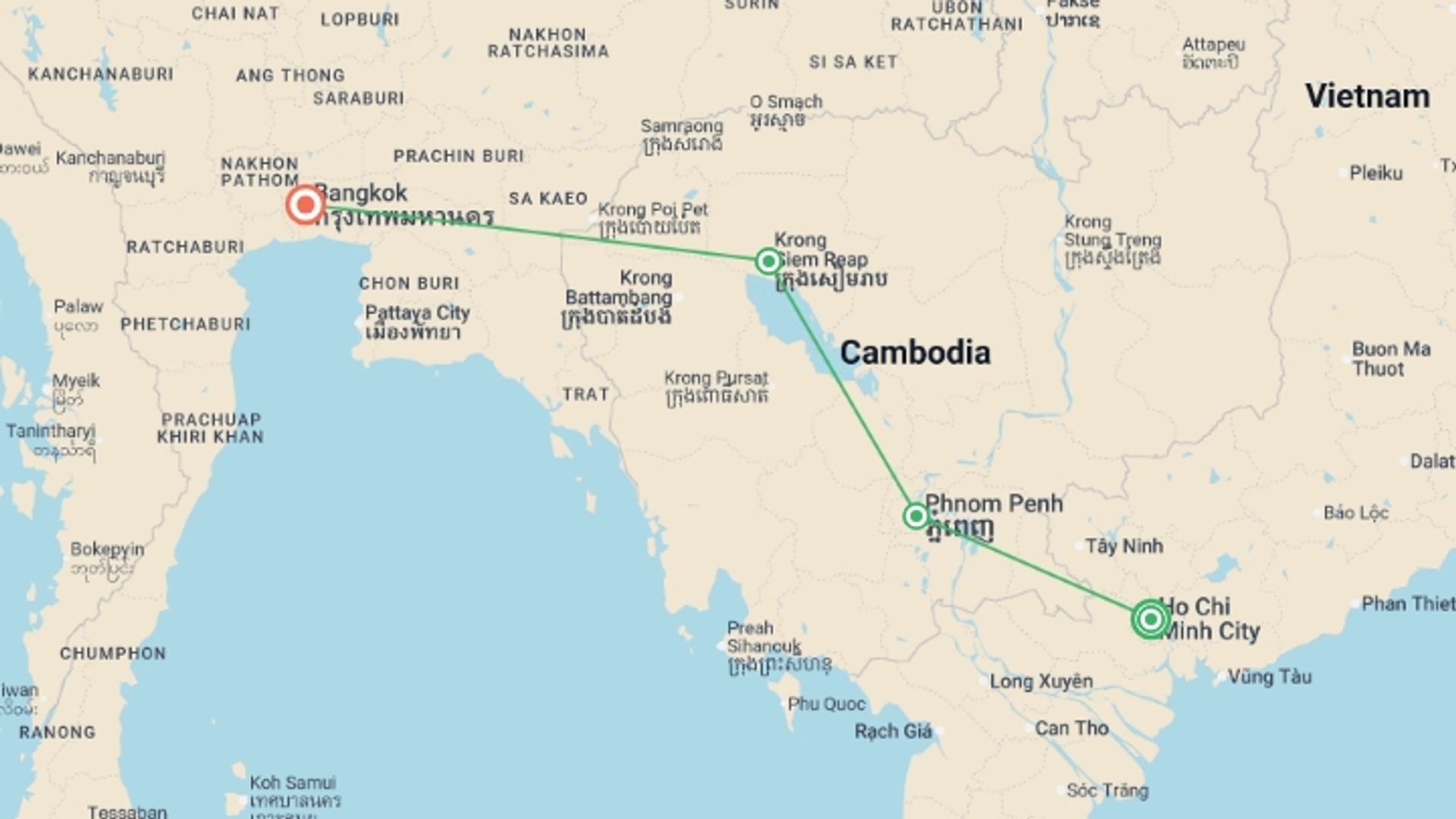 A map showing the tour itinerary for the trip: Saigon to Bangkok - 11 days, starting in Ho Chi Minh City, Vietnam and ending in Bangkok, Thailand going through 2 other destinations.