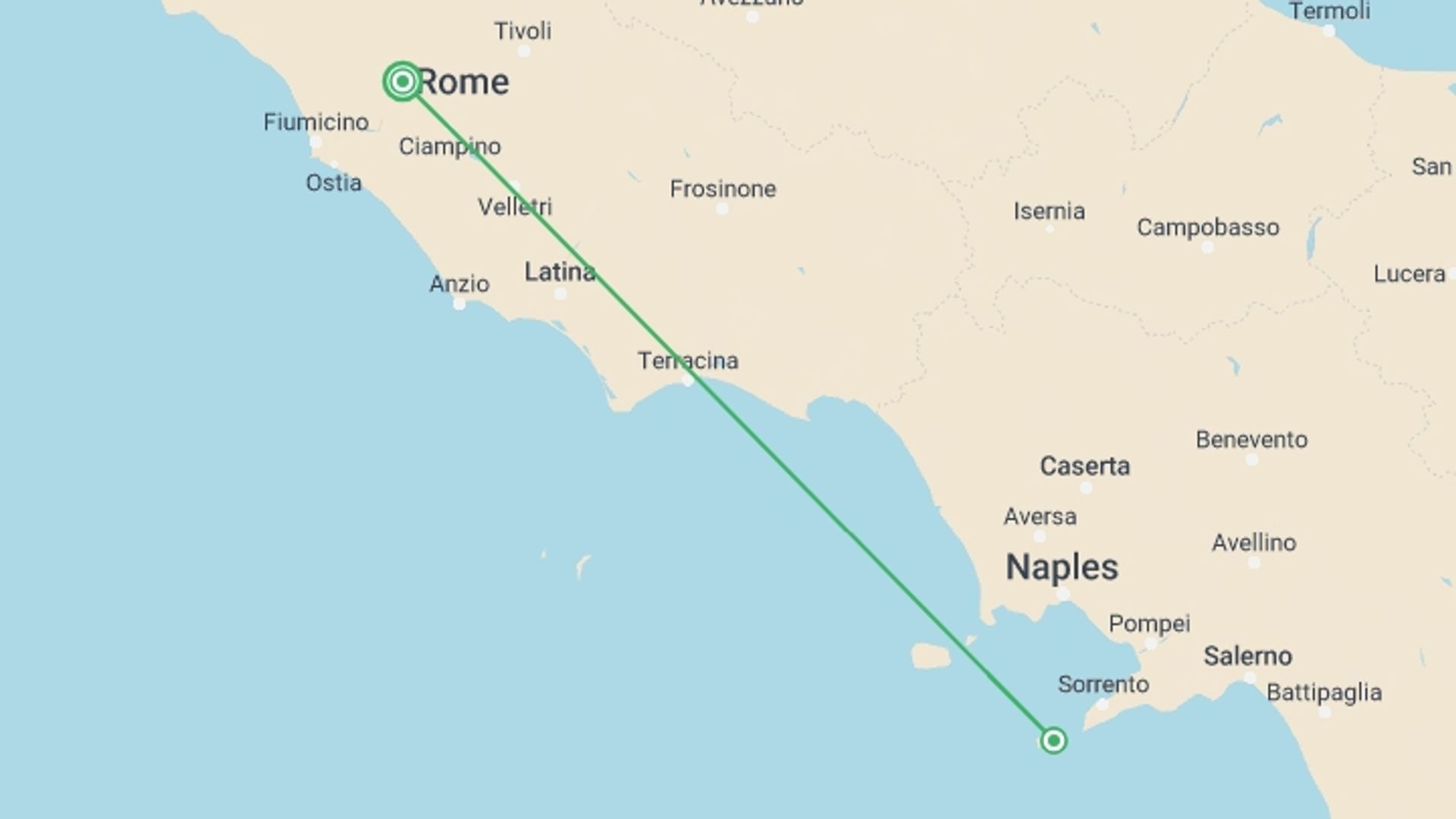 A map showing the tour itinerary for the trip: Capri Escapade: Three Days of Mediterranean Bliss, starting in Rome, Italy and ending in Rome, Italy going through 3 other destinations.