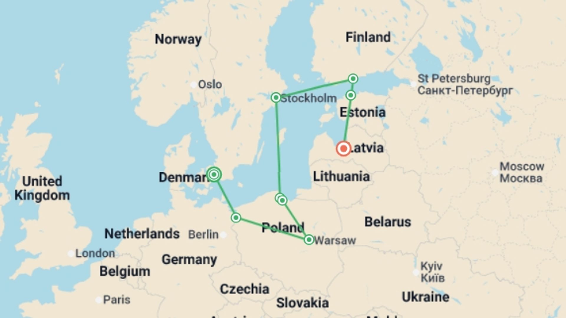 A map showing the tour itinerary for the trip: Nordic Gems and Poland End Riga, starting in Copenhagen, Denmark and ending in Riga, Latvia going through 7 other destinations.