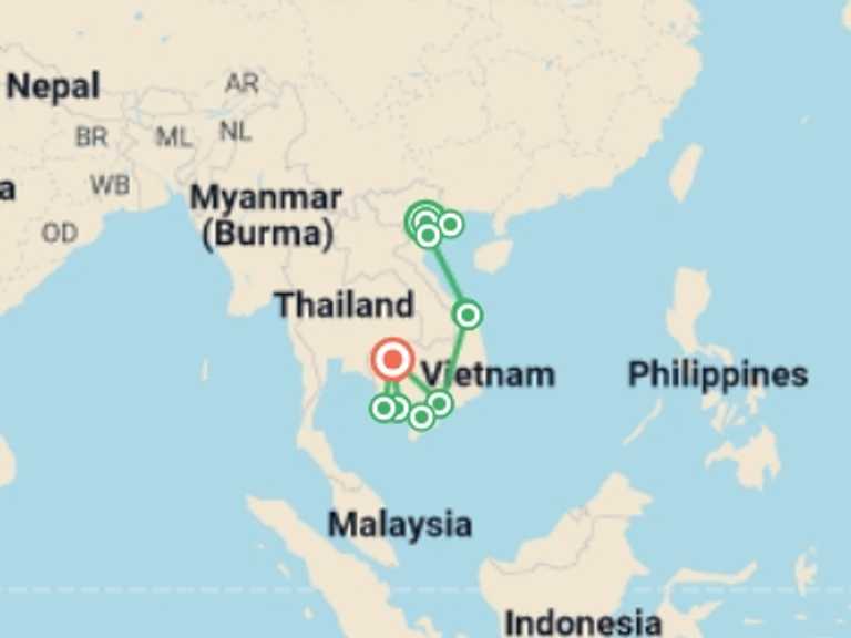 Map itinerary of Asia Tour in Winter with 10 destination visits for the trip: Hanoi to Siem Reap Adventure  - 21 days