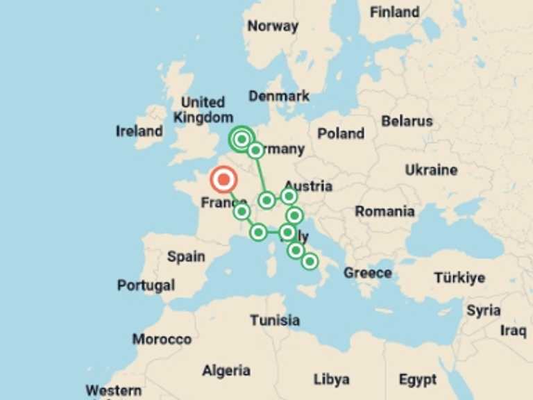Map itinerary of Mediterranean Tour in May 2026 with 12 destination visits for the trip: Traditional Europe