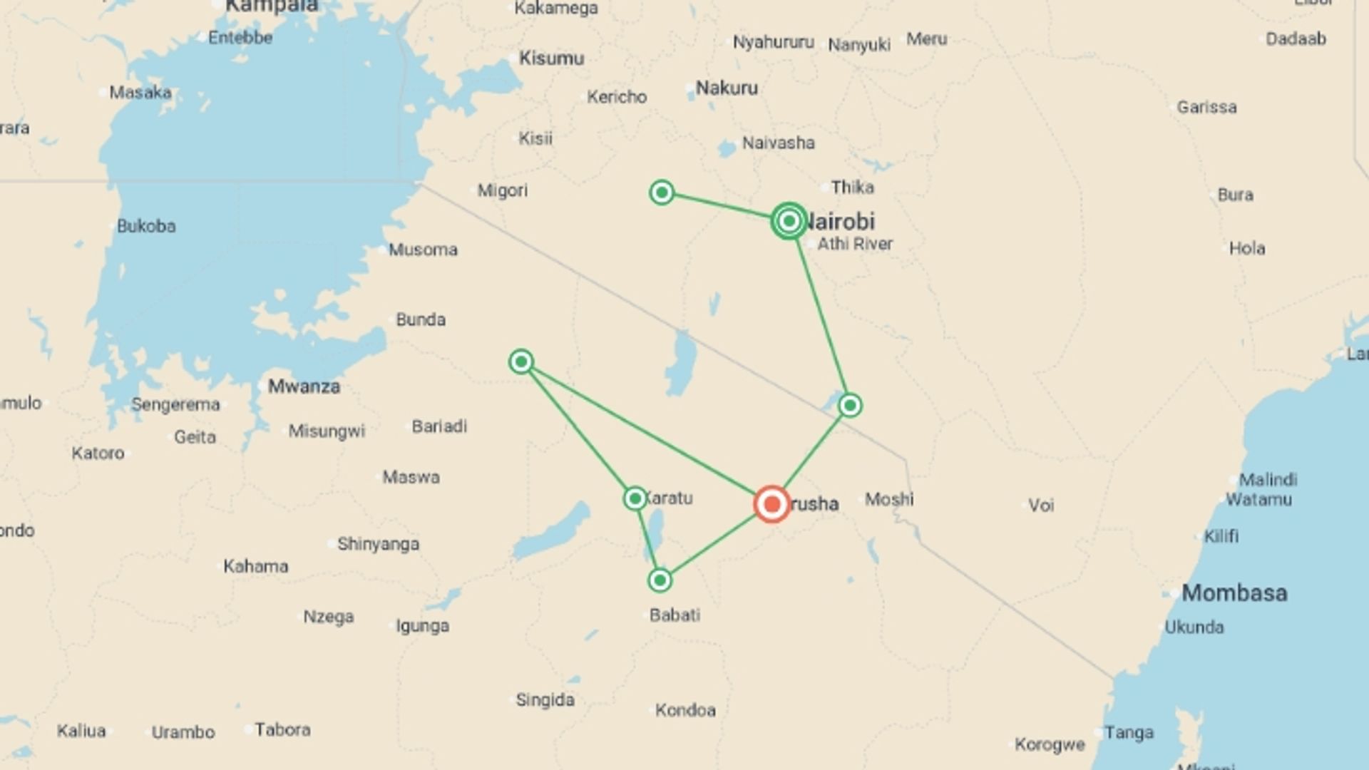 A map showing the tour itinerary for the trip: Kenya & Tanzania: Serengeti Safari Adventure, starting in Nairobi, Kenya and ending in Arusha, Tanzania going through 5 other destinations.