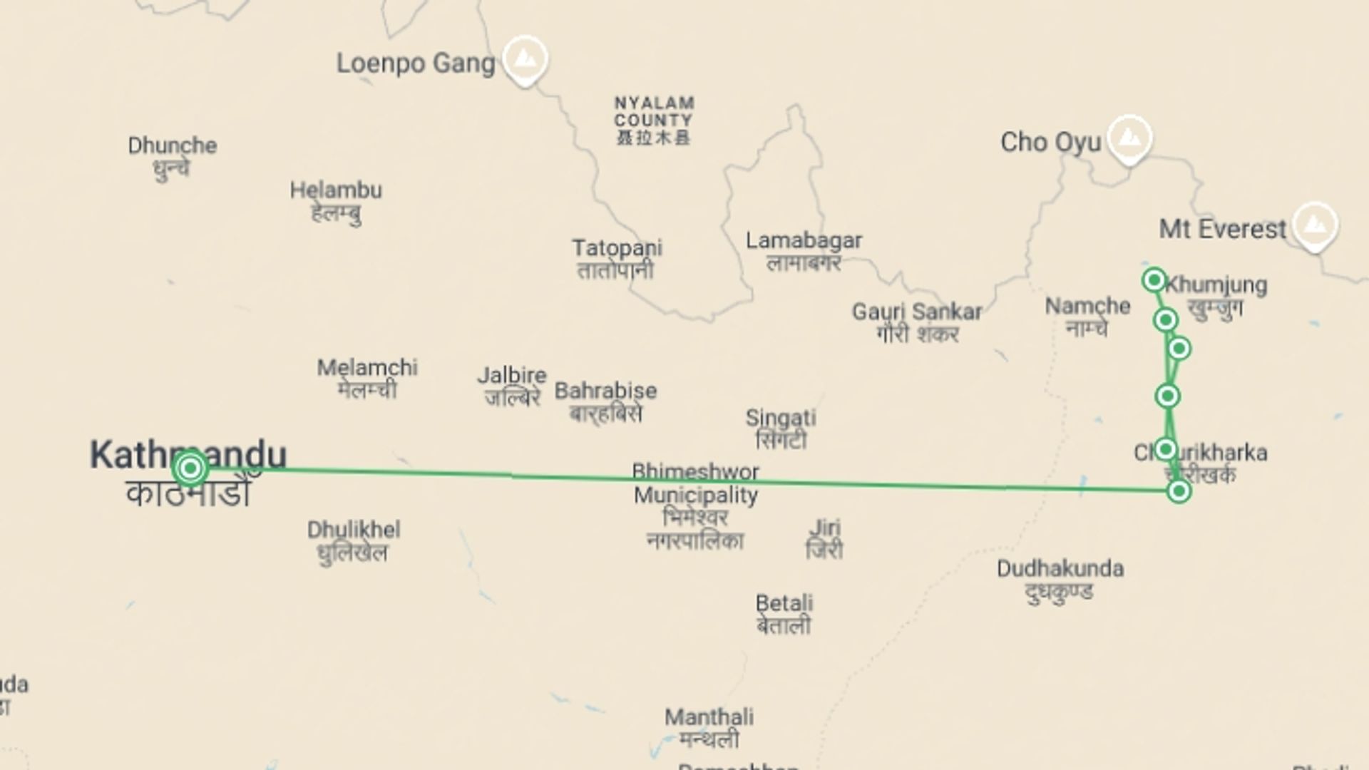 A map showing the tour itinerary for the trip: Gokyo Lake Trek, starting in Kathmandu, Nepal and ending in Kathmandu, Nepal going through 7 other destinations.