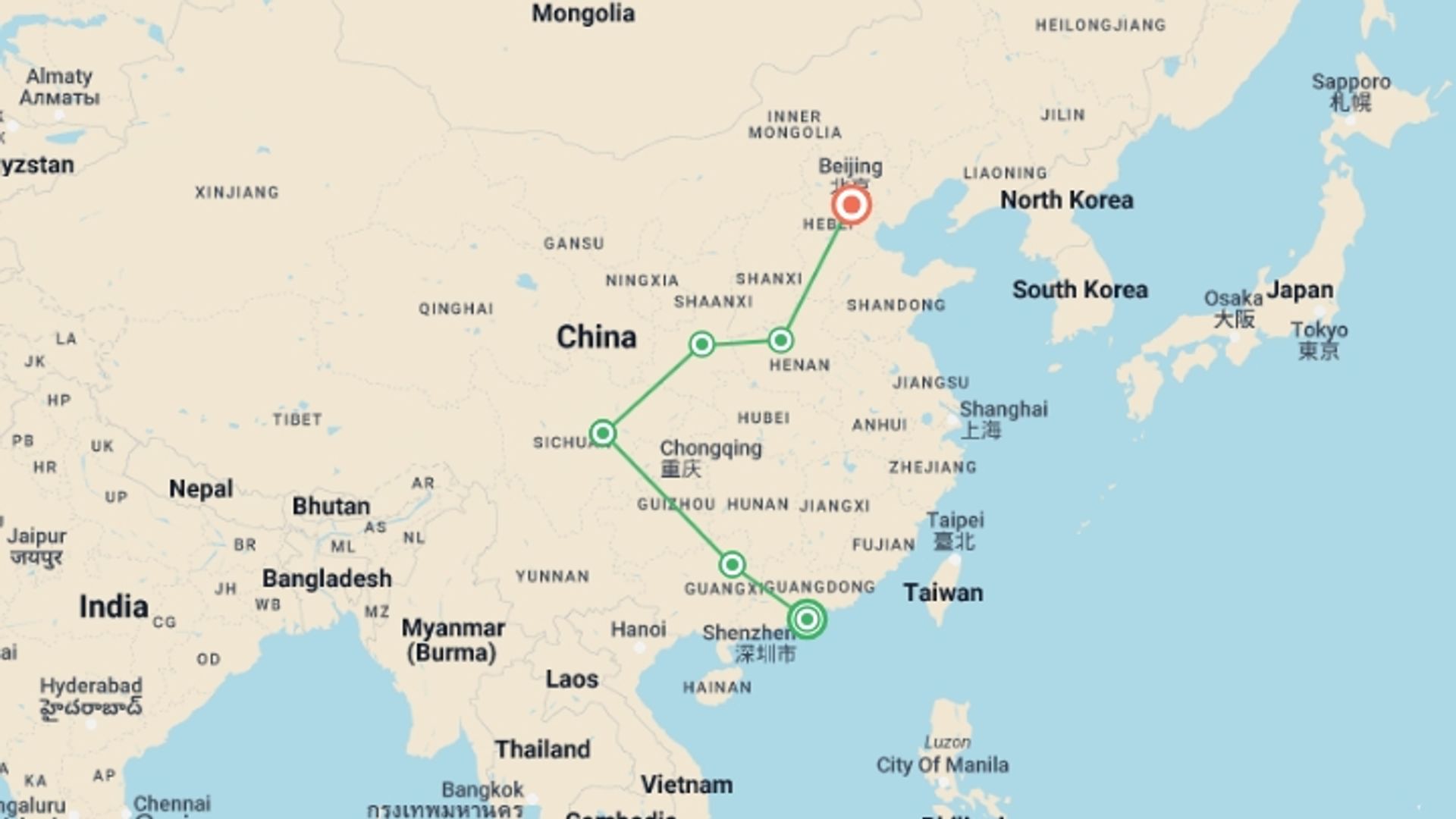 A map showing the tour itinerary for the trip: Hong Kong to Beijing - 17 days, starting in Hong Kong, Hong Kong and ending in Beijing, China going through 4 other destinations.