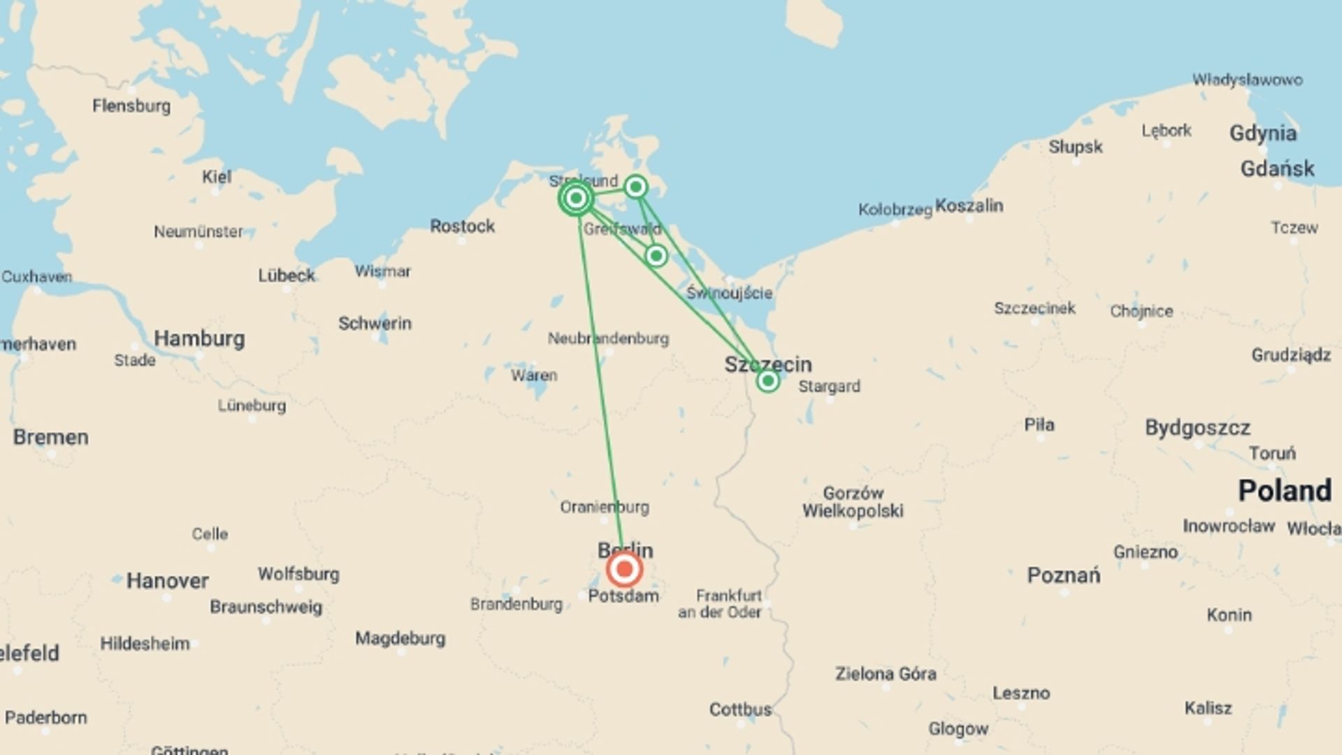 A map showing the tour itinerary for the trip: Berlin Bike & Barge, starting in Stralsund, Germany and ending in Berlin, Germany going through 3 other destinations.