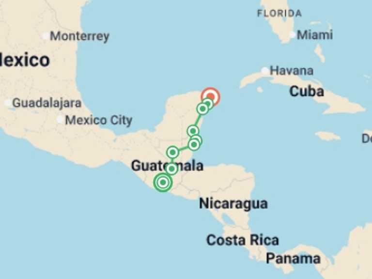 Map of North America Tour with 9 destination visits for the trip: Antigua to Cancun Express Travel Pass