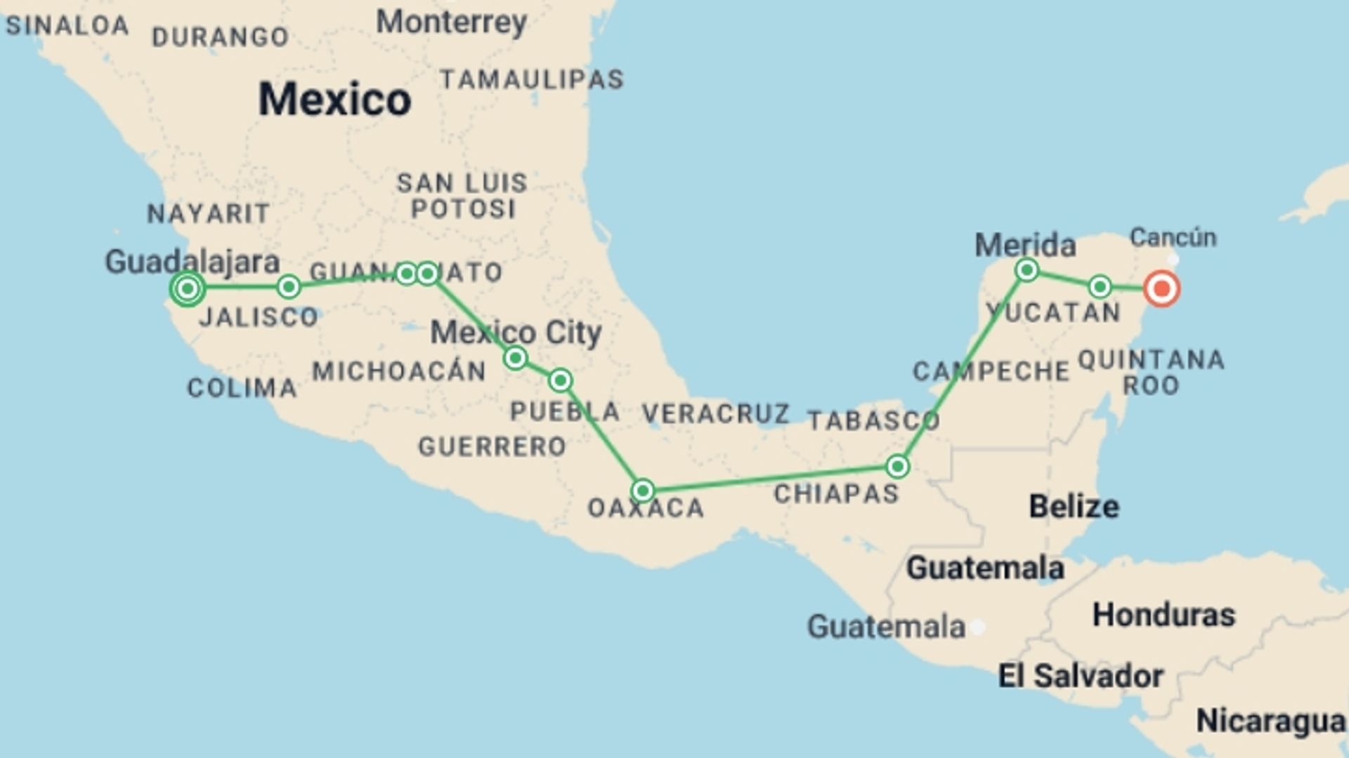 A map showing the tour itinerary for the trip: Mexico Coast-to-Coast: Puerto Vallarta to the Mayan Riviera, starting in Puerto Vallarta, Mexico and ending in Playa Del Carmen, Mexico going through 9 other destinations.