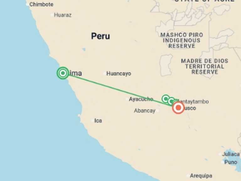 Map of Peru Tour with 4 destination visits for the trip: Inca Treasures