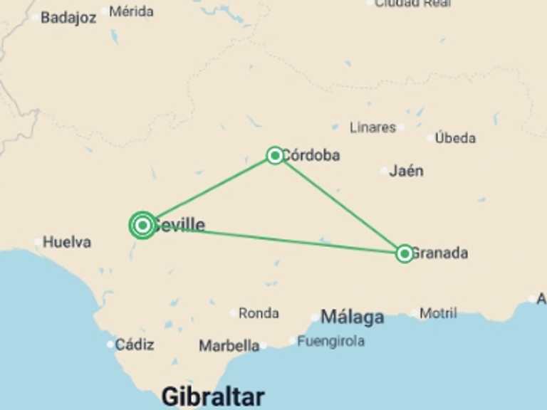 Map of Europe Tour with 2 destination visits for the trip: Must Of Andalusia, Self-drive
