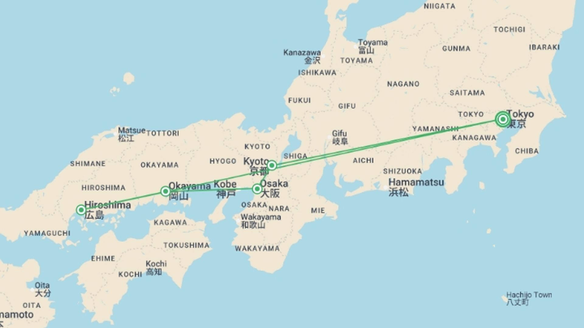 A map showing the tour itinerary for the trip: Tokyo, Kyoto and Hiroshima end Tokyo GO, starting in Tokyo, Japan and ending in Tokyo, Japan going through 4 other destinations.