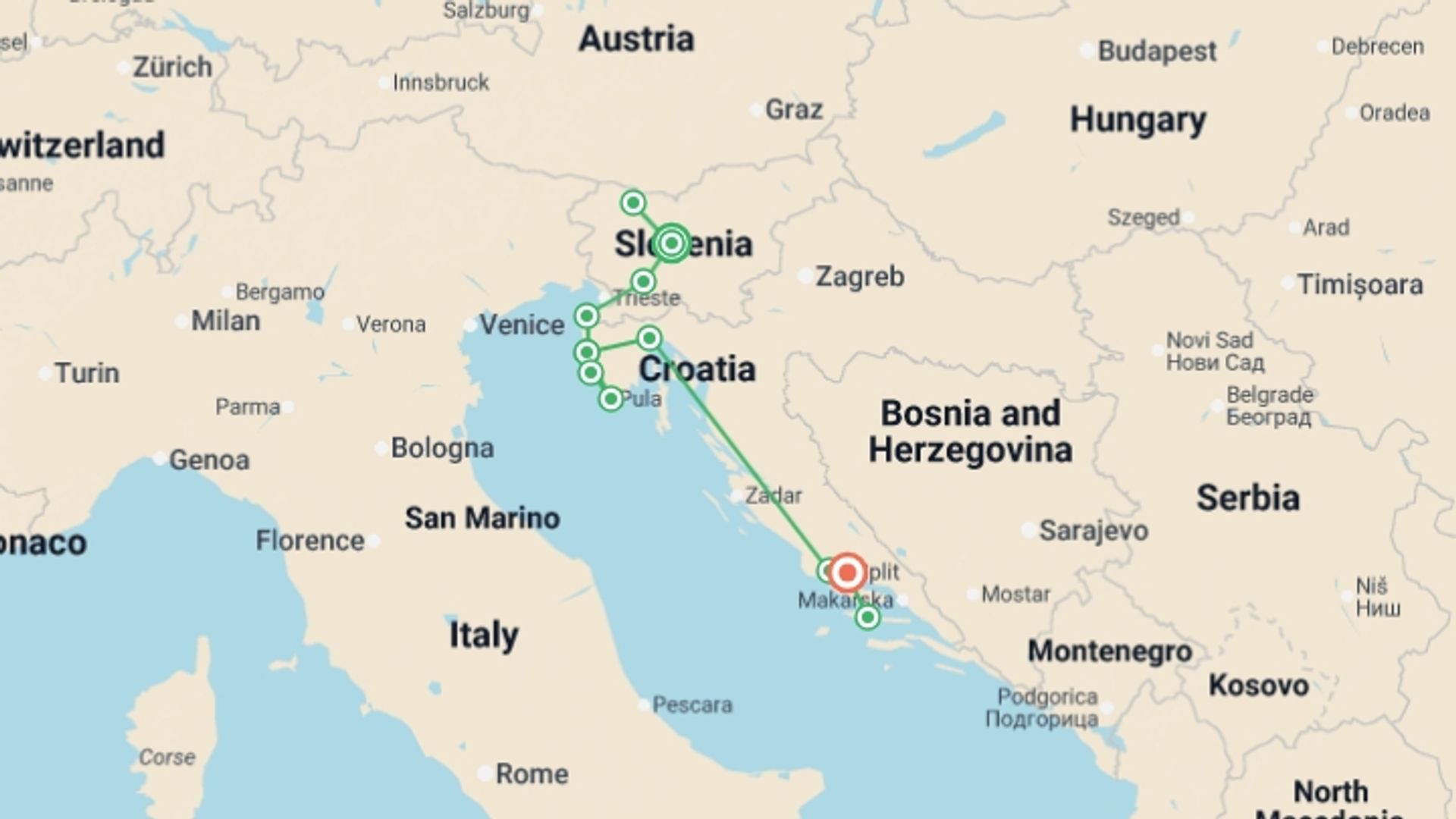 A map showing the tour itinerary for the trip: Slovenia to Split - 9 days , starting in Ljubljana, Slovenia and ending in Split, Croatia going through 4 other destinations.
