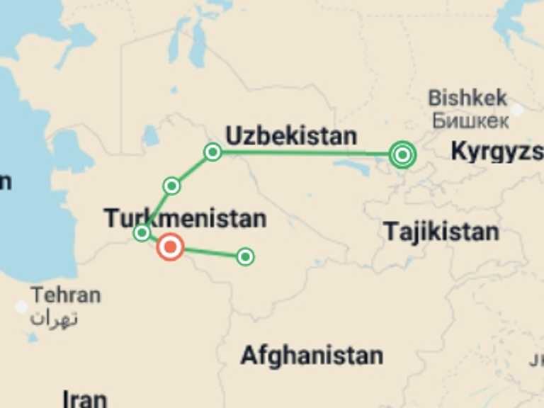 Map itinerary of Asia Tour in August 2027 with 6 destination visits for the trip: Tashkent to Ashgabat