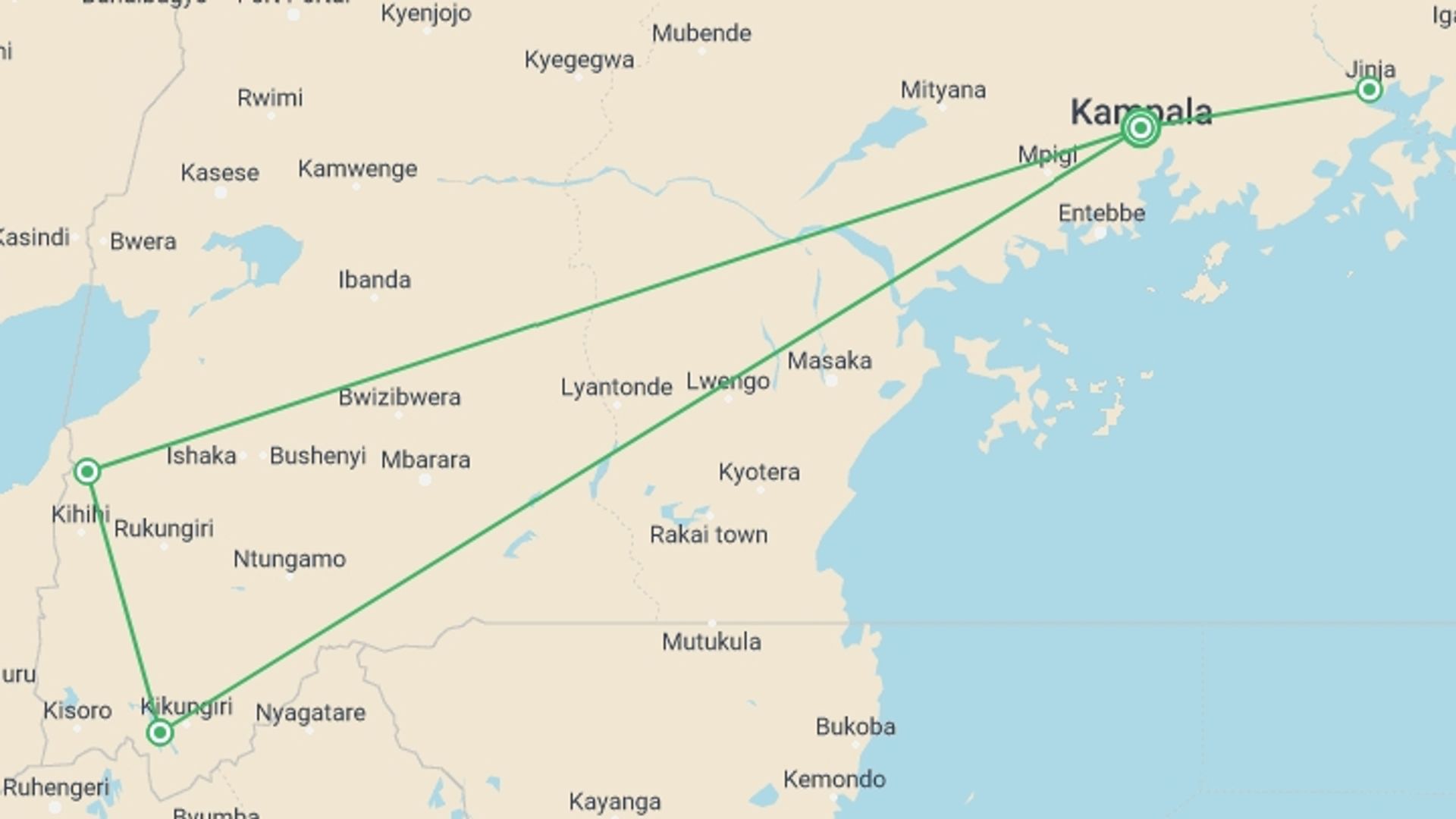 A map showing the tour itinerary for the trip: 9-day Gorillas  Nile River Encounter Camping, starting in Kampala, Uganda and ending in Kampala, Uganda going through 3 other destinations.