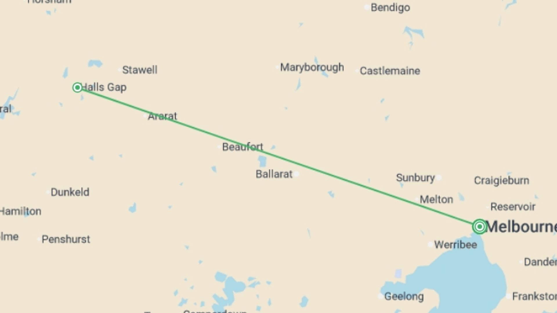 A map showing the tour itinerary for the trip: Great Ocean Road & Grampians Discovery - 2 days, starting in Melbourne, Australia and ending in Melbourne, Australia going through 1 other destinations.