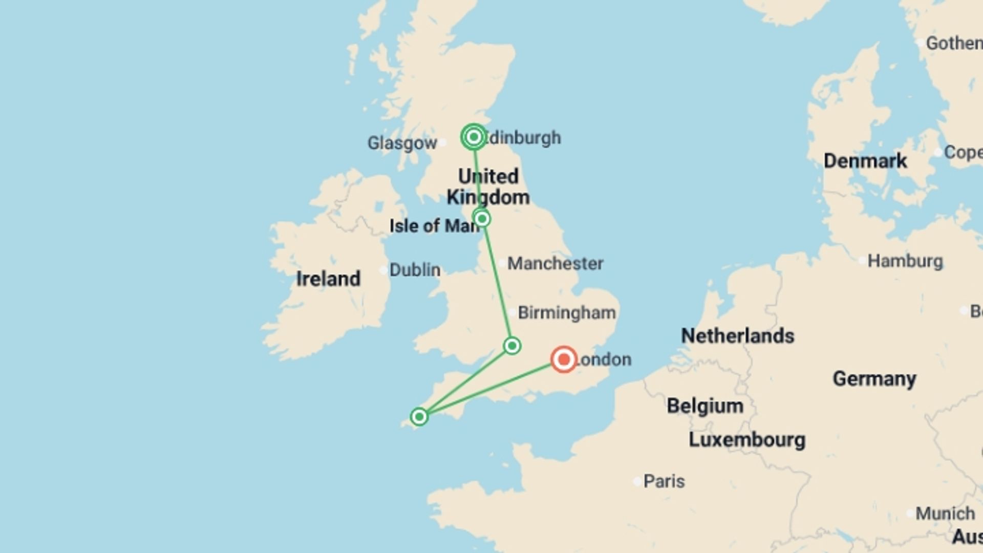 A map showing the tour itinerary for the trip: Coasts & Countrysides of England with Edinburgh, Liverpool & London, starting in Edinburgh, Scotland and ending in London, England going through 4 other destinations.