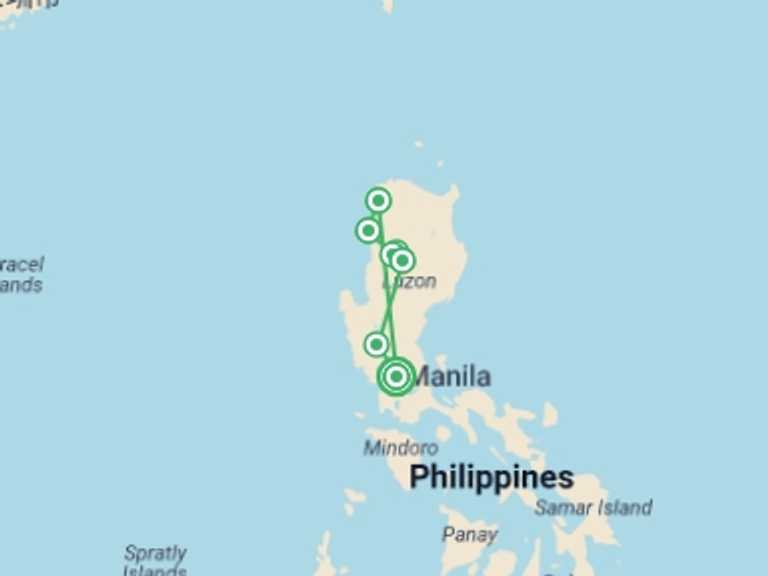 Map of a Farm and plantation visits Tour with 7 destination visits for the trip: North Philippines Explorer