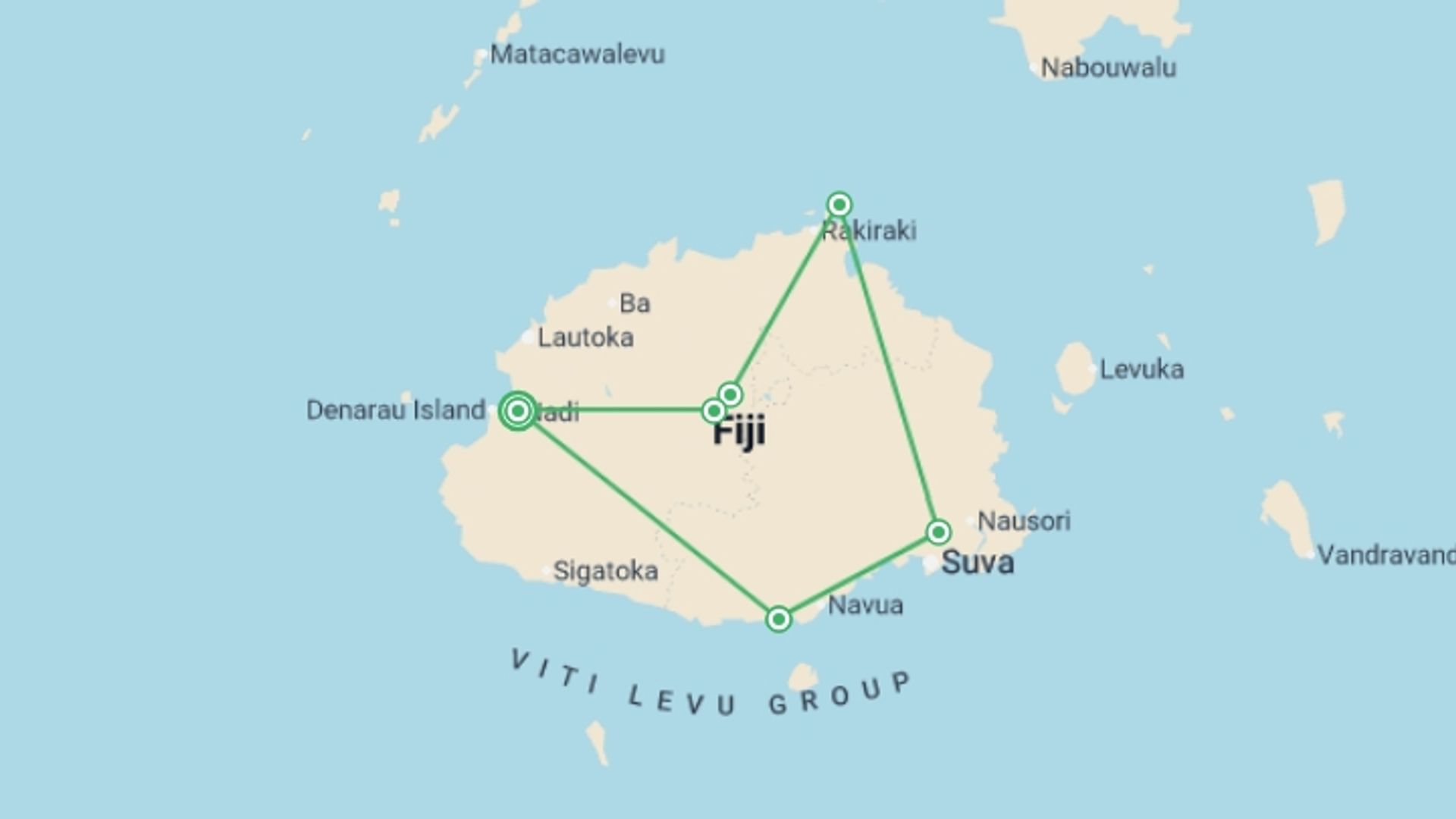 A map showing the tour itinerary for the trip: Fiji: Hike, Raft & Snorkel, starting in Nadi, Fiji and ending in Nadi, Fiji going through 5 other destinations.