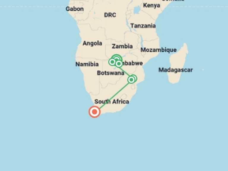 Map itinerary of Kruger National Park Tour in Fall with 7 destination visits for the trip: Southern Africa: Kruger, Victoria Falls & Zimbabwe National Parks