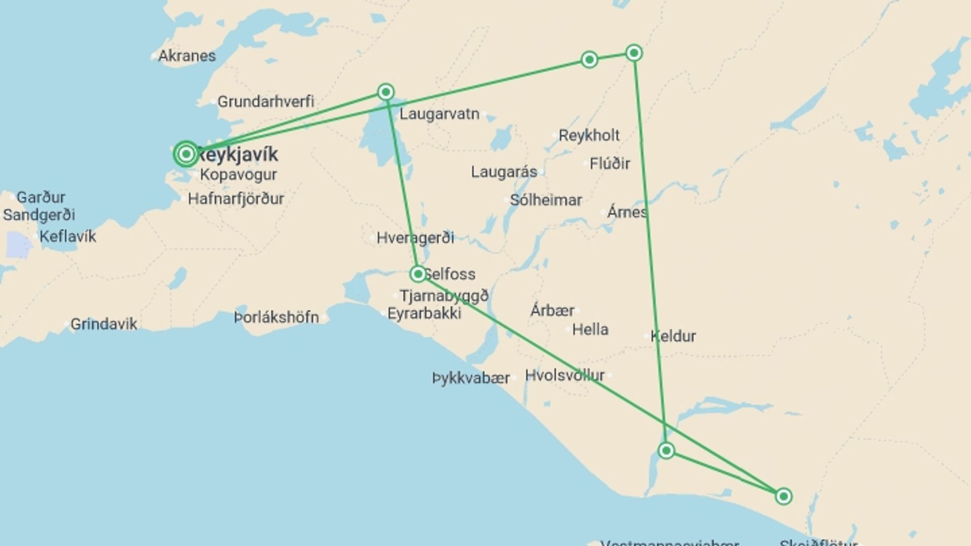 A map showing the tour itinerary for the trip: Iceland Northern Lights Adventure, starting in Reykjavik, Iceland and ending in Reykjavik, Iceland going through 1 other destinations.