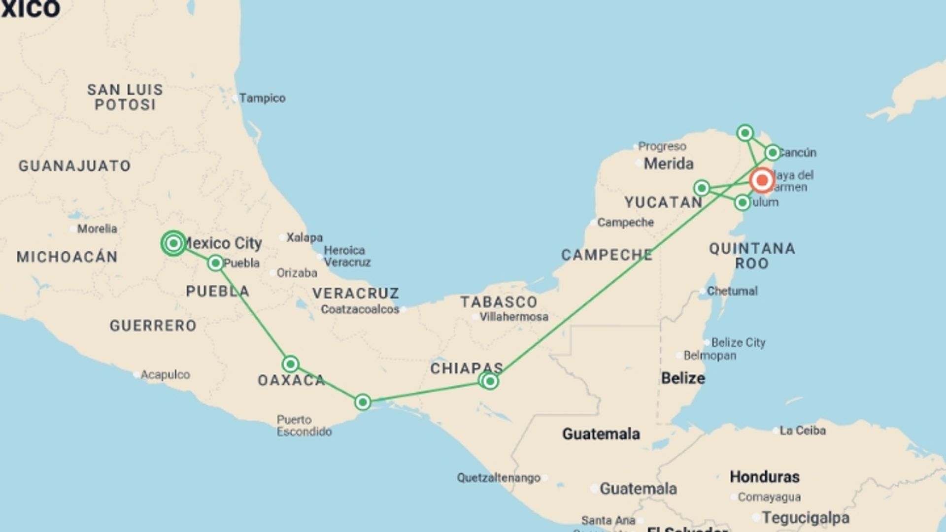 A map showing the tour itinerary for the trip: Magic Mexico Adventure  - 14 days, starting in Mexico City, Mexico and ending in Playa Del Carmen, Mexico going through 6 other destinations.
