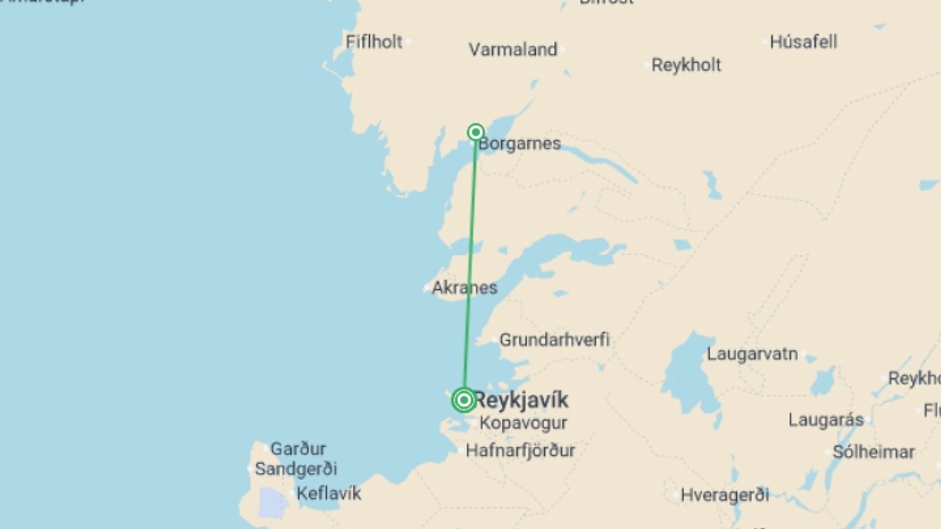 A map showing the tour itinerary for the trip: Iconic Iceland:  Chasing the Northern Lights, starting in Reykjavik, Iceland and ending in Reykjavik, Iceland going through 1 other destinations.