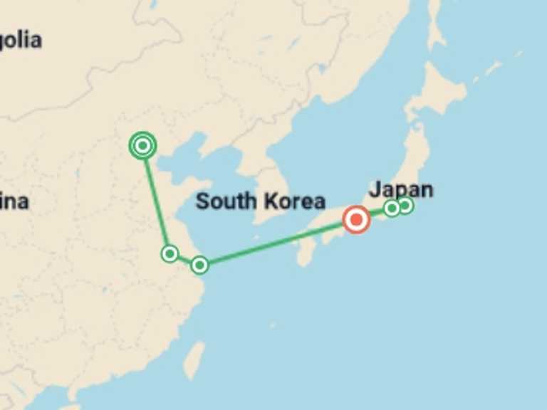 Map of Asia Tour with 7 destination visits for the trip: Beijing, Shanghai and Essential Japan