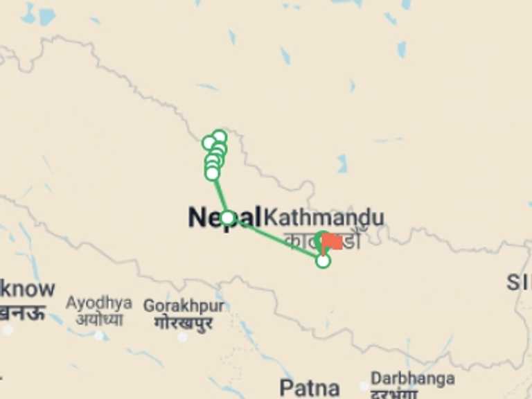 Map itinerary of Nepal Tour in Winter with 12 destination visits for the trip: Upper Mustang trekking
