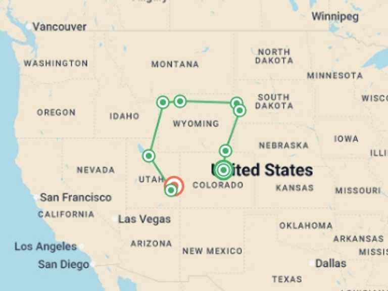 Map itinerary of USA Tour in Summer with 7 destination visits for the trip: Denver to Moab - 9 days
