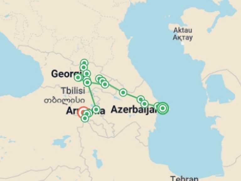 Map of Europe Tour with 8 destination visits for the trip: Caucasus Small Group Tour