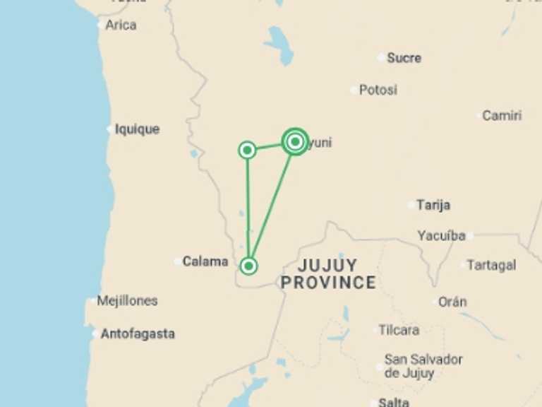 Map of a Desert safaris Tour with 3 destination visits for the trip: Uyuni Salt Flats & Desert Adventure 3D/2N (Uyuni to Uyuni)