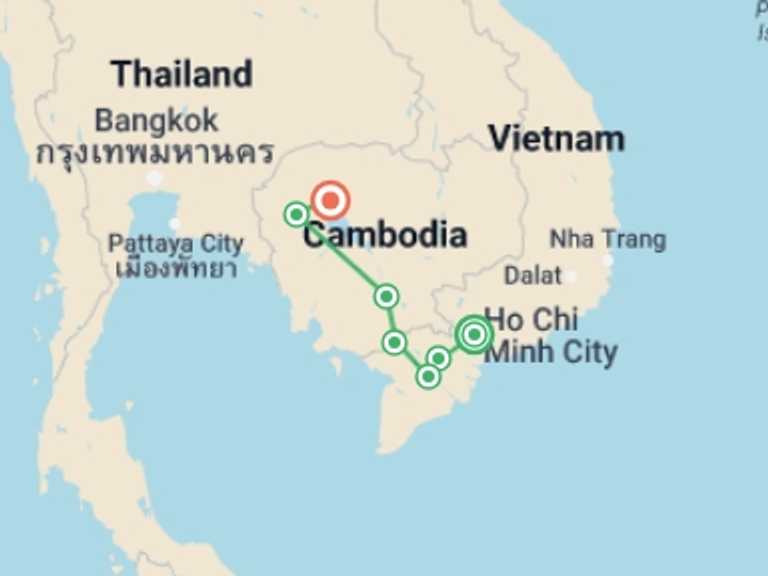 Map itinerary of Ho Chi Minh City Tour in July 2027 with 8 destination visits for the trip: Best of Cambodia & South Vietnam (4 Star Hotels)