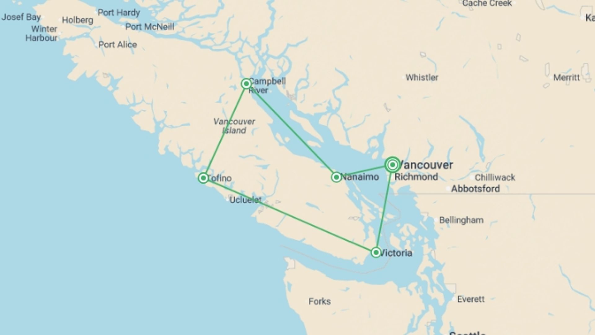 A map showing the tour itinerary for the trip: Vancouver Island Discovery - 8 days, starting in Vancouver, Canada and ending in Vancouver, Canada going through 4 other destinations.