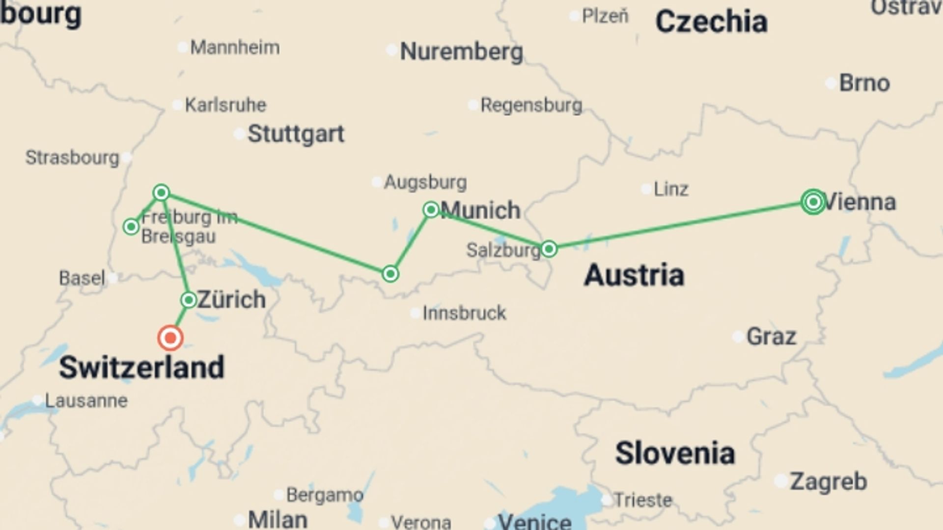 A map showing the tour itinerary for the trip: Exploring the Alpine Countries Austria - Germany - Switzerland, starting in Vienna, Austria and ending in Lucerne, Switzerland going through 3 other destinations.